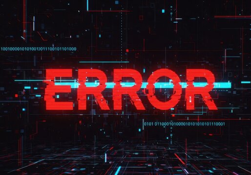 Glitch style error text design with digital binary code and abstract lines