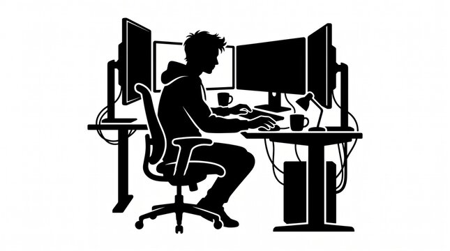 Silhouette of a Person Working at a Desk With Multiple Monitors on White Background