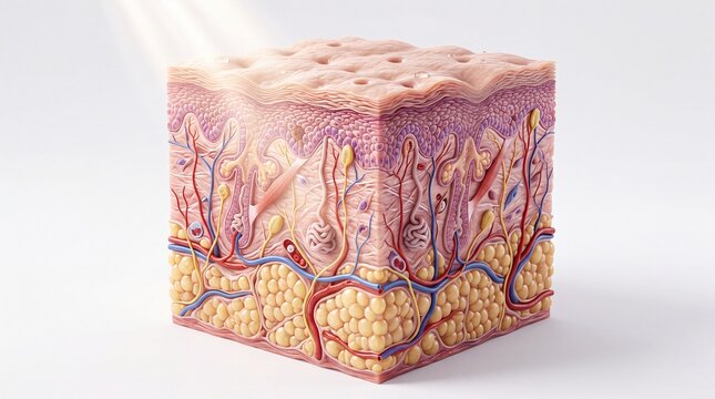 Cross section skin structure epidermis dermis hypodermis blood vessel nerve hair follicle sweat gland fat cell connective tissue anatomy medical illustration