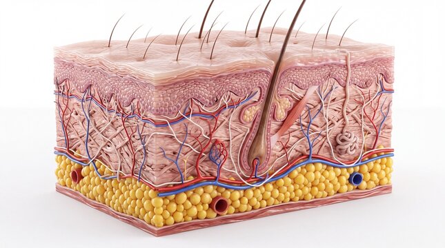 Cross section skin structure showing epidermis dermis hypodermis hair follicle sweat gland blood vessel nerve and fat cell in detailed medical illustration