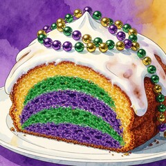 Fototapeta premium Slice of colorful king cake with purple green gold beads sits on plate. Watercolor illustration evokes festive Mardi Gras celebration and sweet dessert treat for party.