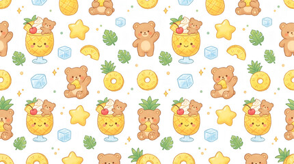 Obraz premium Cute seamless pattern with teddy bears and tropical pineapple drinks on white background