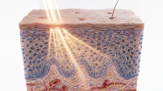 Epidermis light penetration human skin cross section showing layers cells nerves and blood vessels with sunlight entering scientific and educational illustration