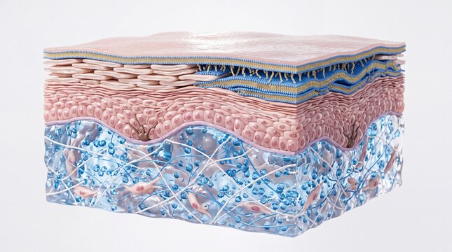 Cross section of healthy human skin layer showing hydrated skin barrier, epidermis, dermis, and collagen fibers, highlighting moisture retention and smooth texture