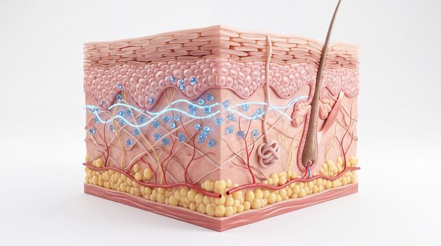 Cross section of human skin showing epidermis, dermis, and subcutaneous layers with hydration, collagen fibers, and hair follicle, highlighting healthy skin barrier function