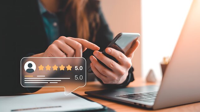 Person giving a 5-star online review on a smartphone