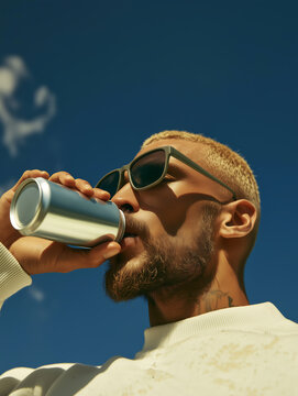 Blond man with tattoos wearing glasses and white sweater drinking from soda can in summertime. Standard metal can with soda.