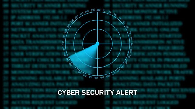 Data portection concept featuring a glowing red warning symbol over a digital radar interface and blurred computer code background. The futuristic cybersecurity design represents cyber 