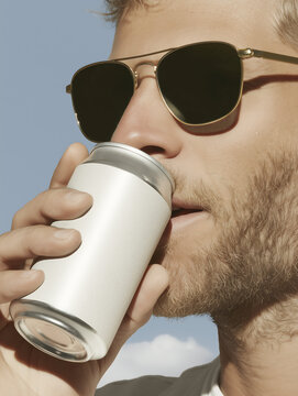 Close-up of man face in sunglasses and white t-shirt drinking from aluminum can with chilled soda drink.  Aluminum can object for creating advertising layouts and presentations.