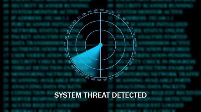 Data portection concept featuring a glowing red warning symbol over a digital radar interface and blurred computer code background. The futuristic cybersecurity design 