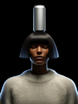 Short-haired young woman in sweater holding aluminum can on her head against dark background with deep shadows. Metal soft drink packaging for trademark demonstration.