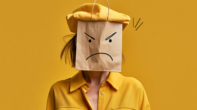 Person wearing a paper bag over their head with an angry expression drawn in marker yellow background representing stress and frustration frustrated stressed identity