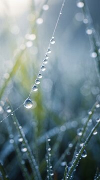 Dew on a Spiderweb in Cool Morning Light