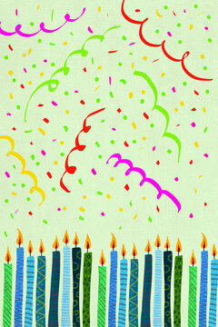 An illustration of colorful lit candles with festive confetti
