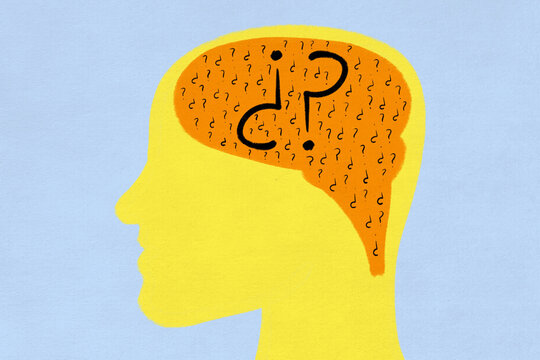 Illustration of a human head silhouette with question marks