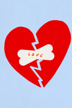 Illustration of a broken red heart patched with a bandage representing