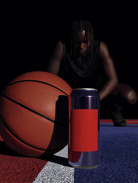 Aluminum soda can with red label on background of basketball and young man with dreadlocks. Standard metal can of soft drink for commercial use.