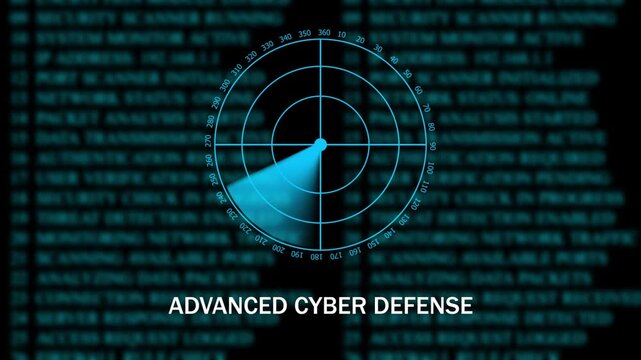 Data portection concept featuring a glowing red warning symbol over a digital radar interface and blurred computer code background. The futuristic