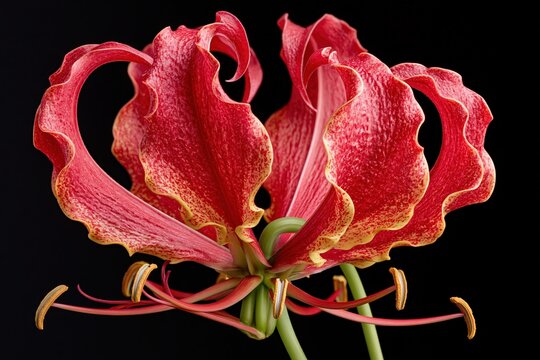 Gloriosa lily flower red petal macro close up on black background