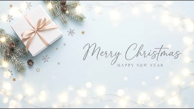 merry christmas and happy new year greeting with gift box, fir branches, pinecones and softly twinkling lights