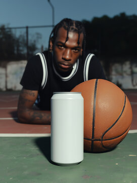 Young man in black uniform lying on basketball court, leaning on his hands and looking at camera next to basketball and chilled soda can. Tin can with soda as an element of consumer goods concept.