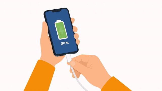 Smartphone battery charging with lightning bolt sign and cable plug in loop animation video asset for mobile technology and power energy explainer clips. Hands holding smart phone plugged with charger