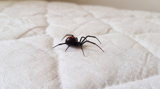 Dangerous venomous black widow spider resting on a white quilted mattress