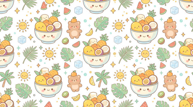Cute Kawaii Tropical Fruit Bowl Seamless Pattern with Sun and Palm Leaves