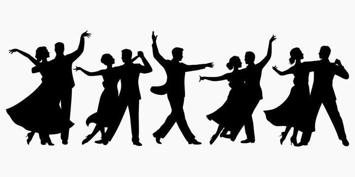 Black silhouettes of multiple couples dancing ballroom styles, group of people performing dance moves isolated on a white background, for event promotion