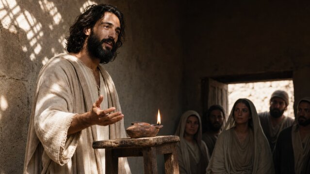 Jesus teaching his followers in a dim room by candlelight. Biblical scene of a man preaching to a group of men and a woman. Historical setting inspired by the gospel according to Luke.