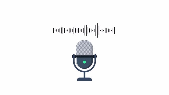 Flat 2D vector animation of a microphone with audio waveform, alpha channel and transparent background for podcast, voice, and media motion graphics.