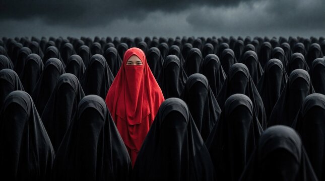 One woman in bright red niqab stands out among large crowd of people wearing black niqabs. Striking visual represents individuality, uniqueness, breaking conformity within massive group of identical