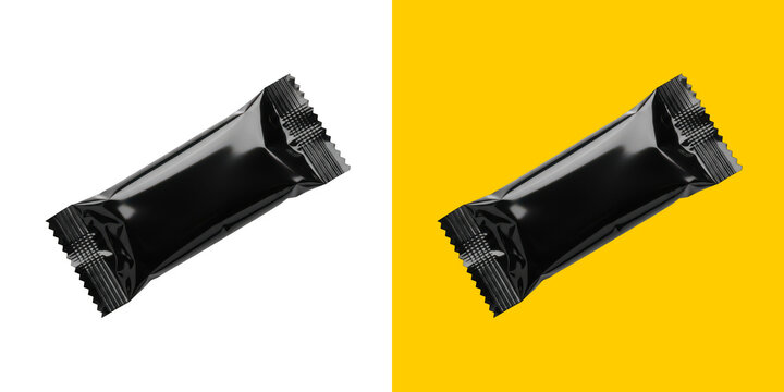 Black snack food bar in a shiny plastic wrapper png