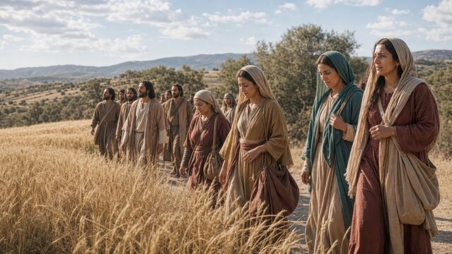 Jesus and followers walking through golden wheat field. Group of men and woman traveling across ancient Judean landscape. Biblical scene illustrating faith, discipleship and gospel mission.