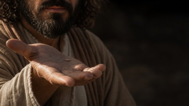 Jesus holding a small seed in his palm as a metaphor for the Parable of the Sower. Concept of spreading the word of God and spiritual growth in biblical teachings and Christian faith.