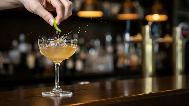 Bartender Hand Squeezing Lime Wedge Garnish into Fresh Cocktail Glass with Liquid Splash in Dimly Lit Bar