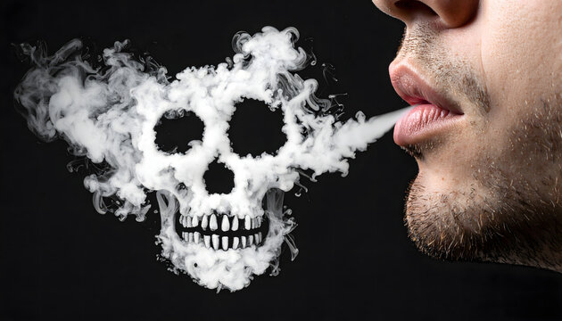 Macro close-up of a man exhaling white vapor that forms a detailed human skull against a solid black background. Conceptual image representing the lethal dangers of smoking and addiction.