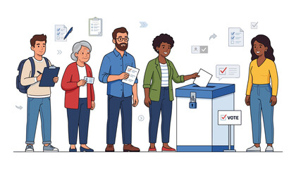 Obraz premium Diverse voters participating in an election at a polling station with ballot box, voting papers, registration documents and civic participation