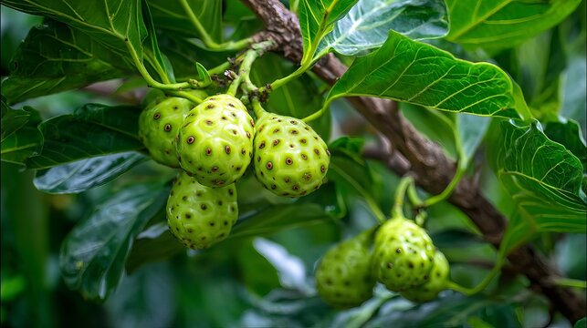 Fresh noni fruits hanging from a healthy green tree branch with textured skin under soft natural daylight in tropical climate