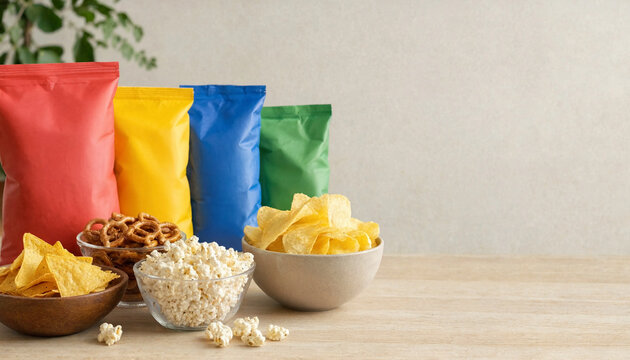 Colorful snack bags arranged behind bowls of potato chips popcorn and pretzels on a wooden table with empty space to the right. Bright packaged snack assortment for marketing or menu use.