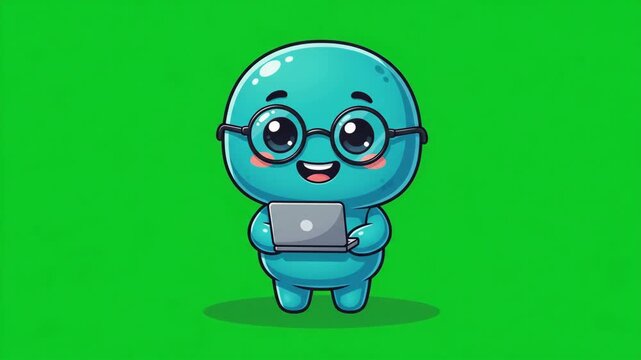Cute blue cartoon character with glasses holding a laptop on a green screen, representing technology and education.