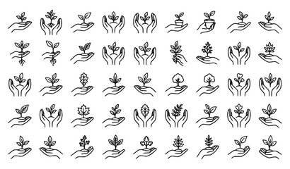 Obraz premium Hands Holding Young Seedling Care Growth Minimalist Line Art Vector Collection