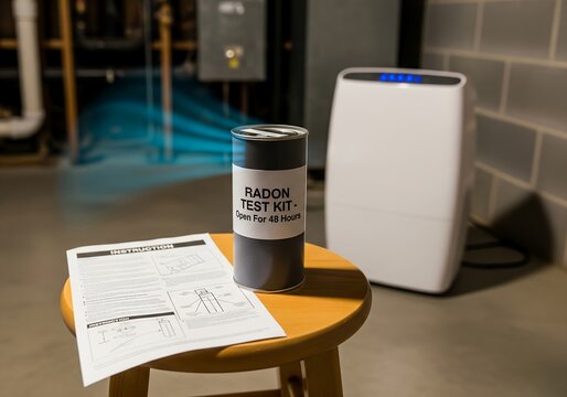 Radon test kit and air purifier in basement safety setup