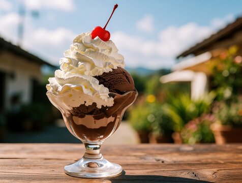 Rich chocolate ice cream sundae with fluffy whipped cream topping and bright red cherry sits on rustic wooden table. Blurred garden patio outdoor background with blue sky.