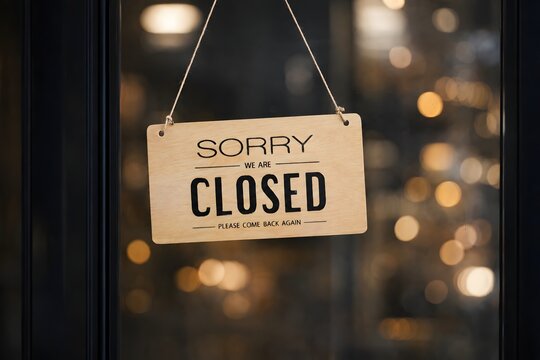 sorry we are closed sign hanging outside a restaurant, store, office or other. Closed sign in a shop showroom with reflections bokeh.