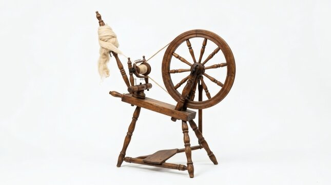 Spinning wheel made of wood rests against a plain white background.