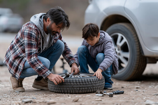 Father and son repair a flat tire together