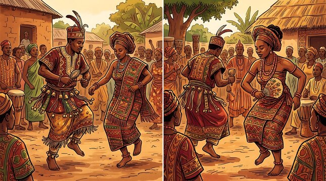 Traditional african dancers performing a celebration dance in a village