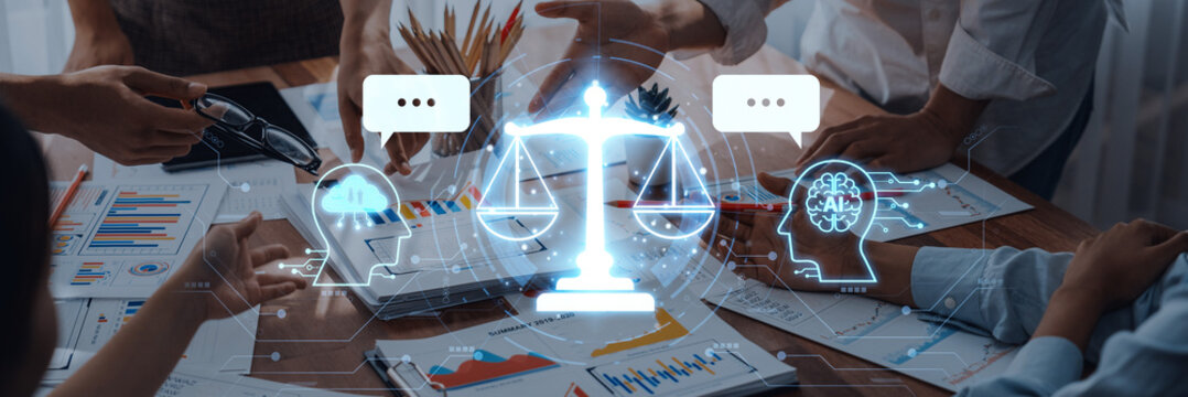 Team members engage in a professional discussion about legal matters, merging traditional and digital elements to symbolize justice and collaborative efforts. Trope