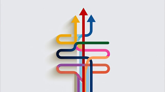Multiple colorful arrows intertwine and converge upward
